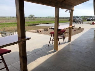 Outdoor patio with stools and countryside view